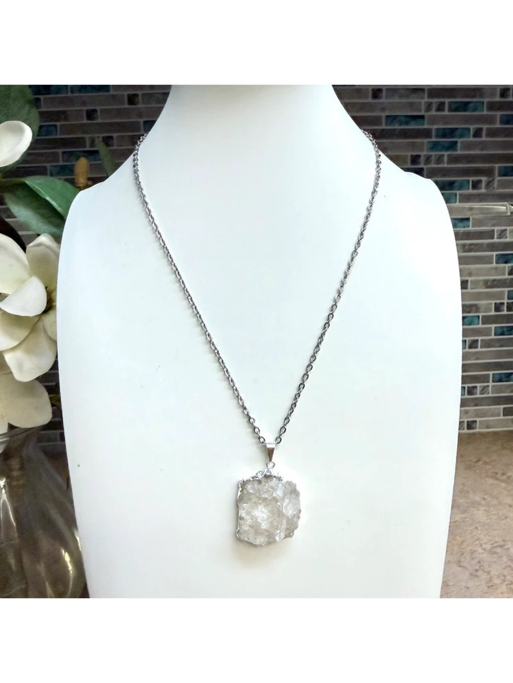 Stunning Natural Clear Quartz Crystal Cluster Pendant Necklace